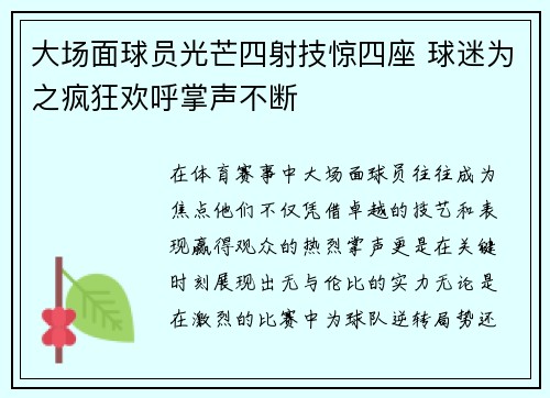 大场面球员光芒四射技惊四座 球迷为之疯狂欢呼掌声不断