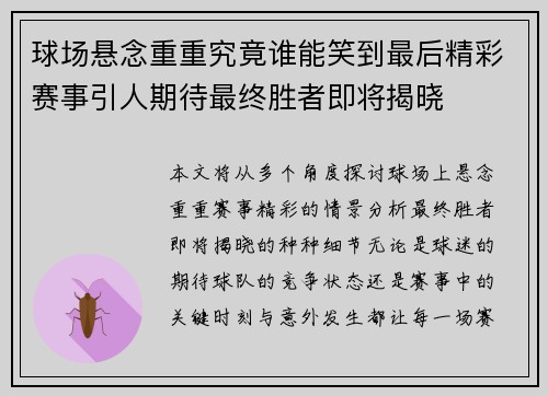 球场悬念重重究竟谁能笑到最后精彩赛事引人期待最终胜者即将揭晓