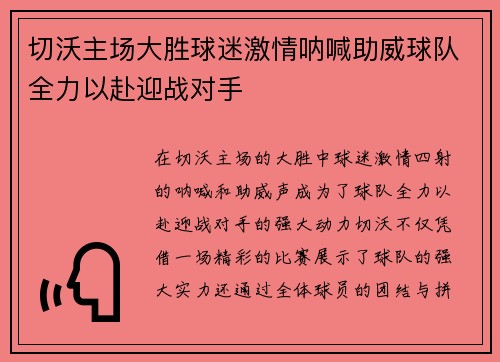 切沃主场大胜球迷激情呐喊助威球队全力以赴迎战对手