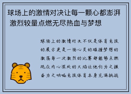 球场上的激情对决让每一颗心都澎湃 激烈较量点燃无尽热血与梦想