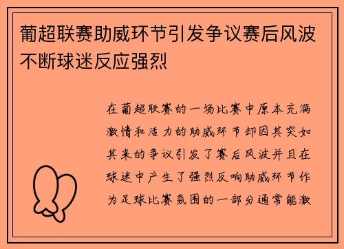 葡超联赛助威环节引发争议赛后风波不断球迷反应强烈