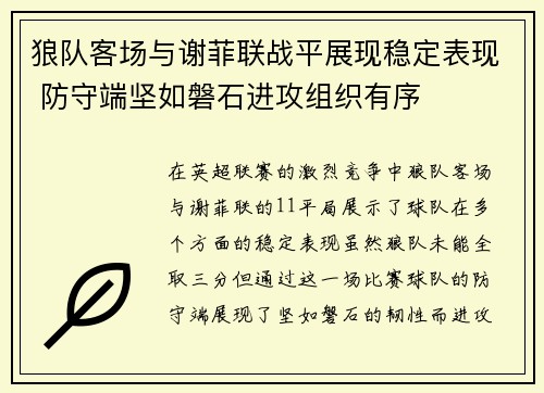 狼队客场与谢菲联战平展现稳定表现 防守端坚如磐石进攻组织有序