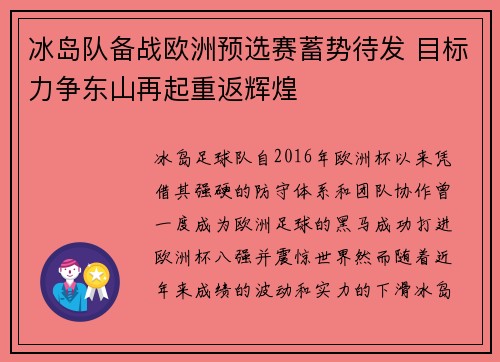 冰岛队备战欧洲预选赛蓄势待发 目标力争东山再起重返辉煌