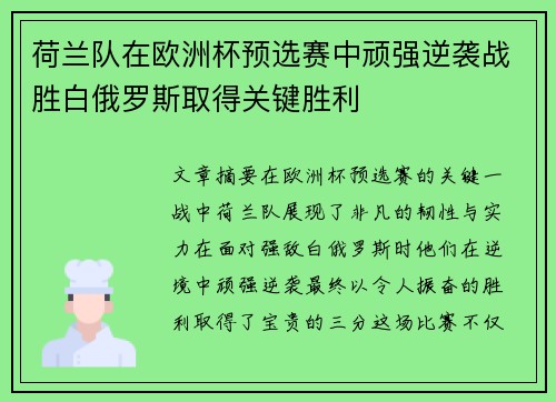 荷兰队在欧洲杯预选赛中顽强逆袭战胜白俄罗斯取得关键胜利